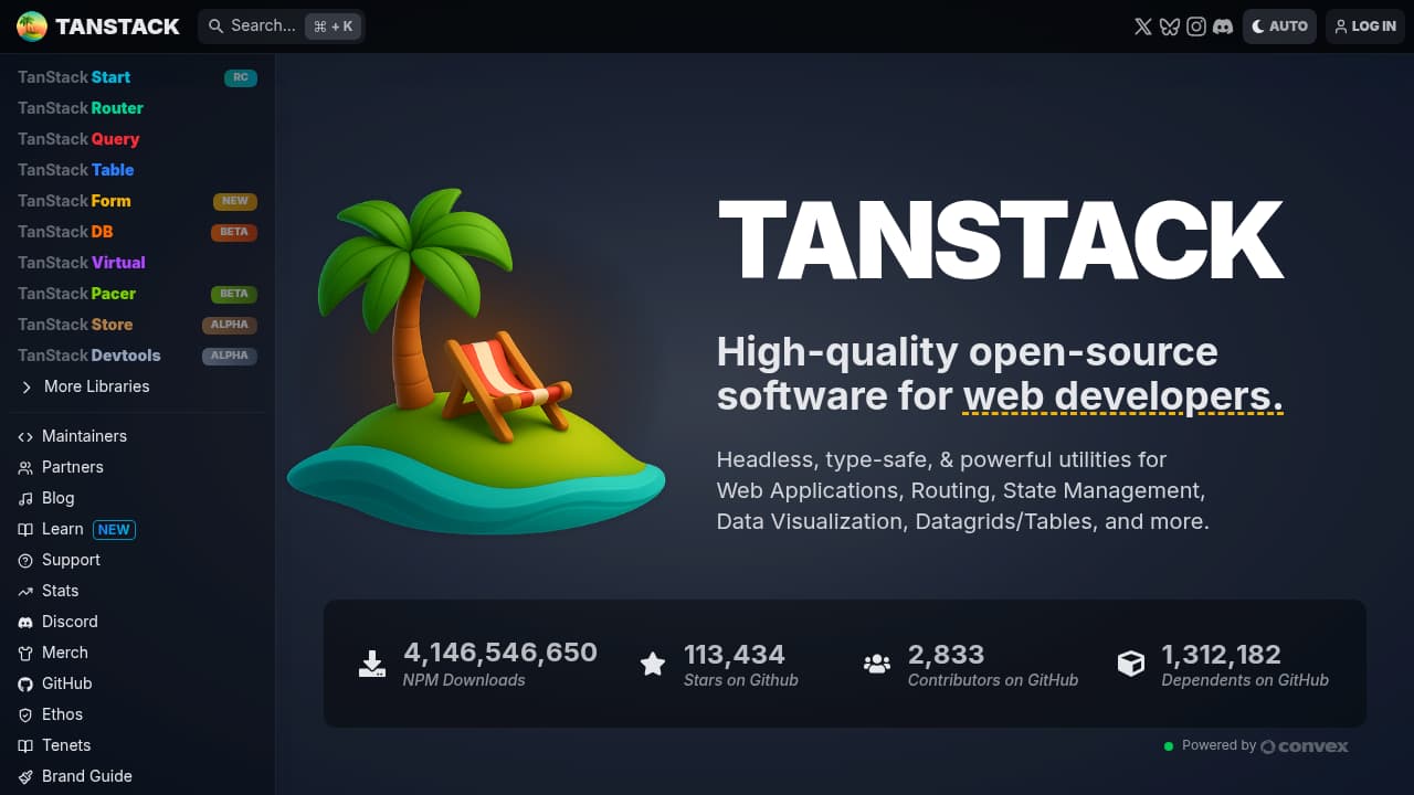 Screenshot of Tanstack website